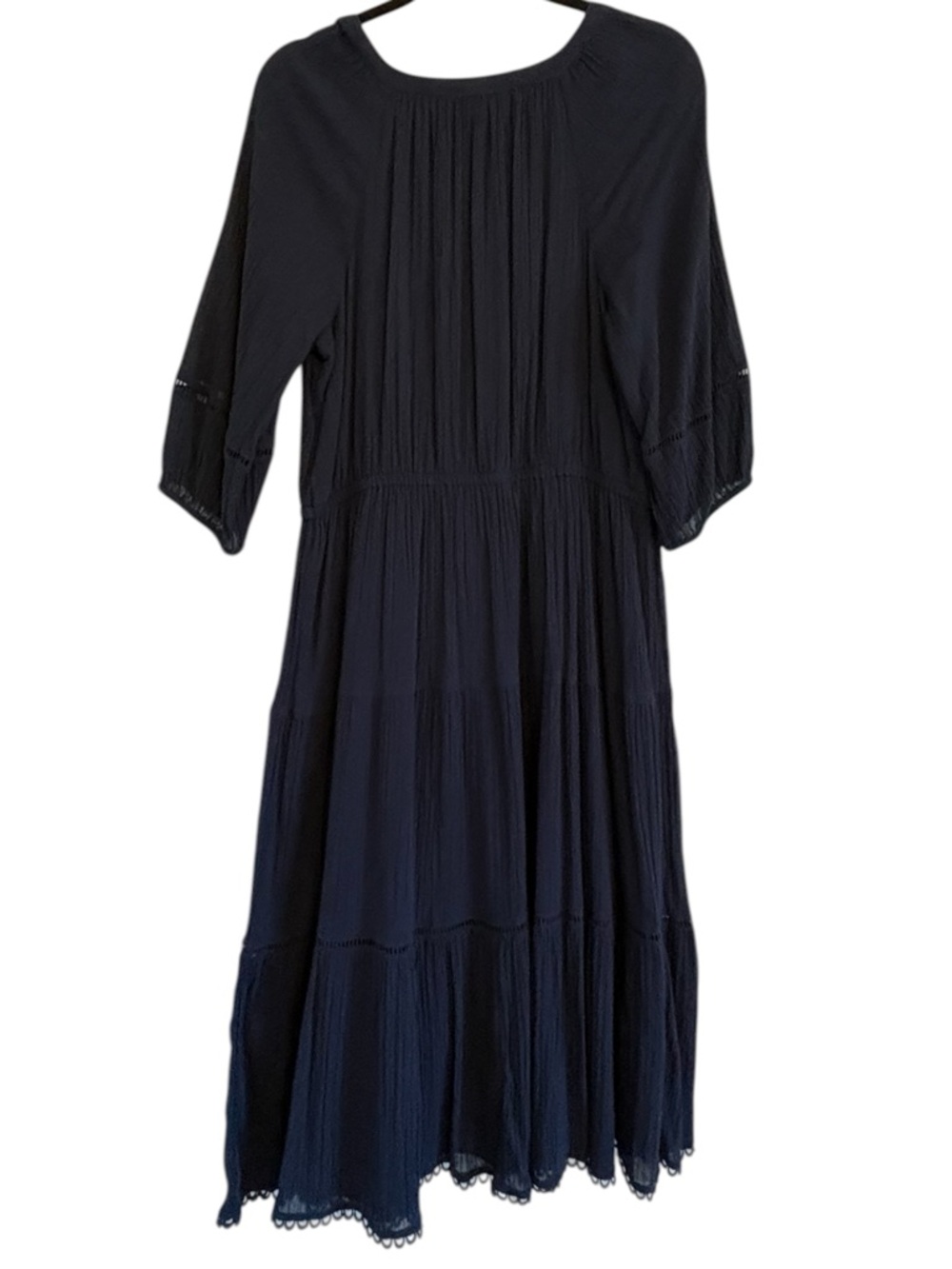 Talbots Navy Tiered Peasant Dress Lace Trim Boho Romantic Midi Size L - Picture 7 of 12
